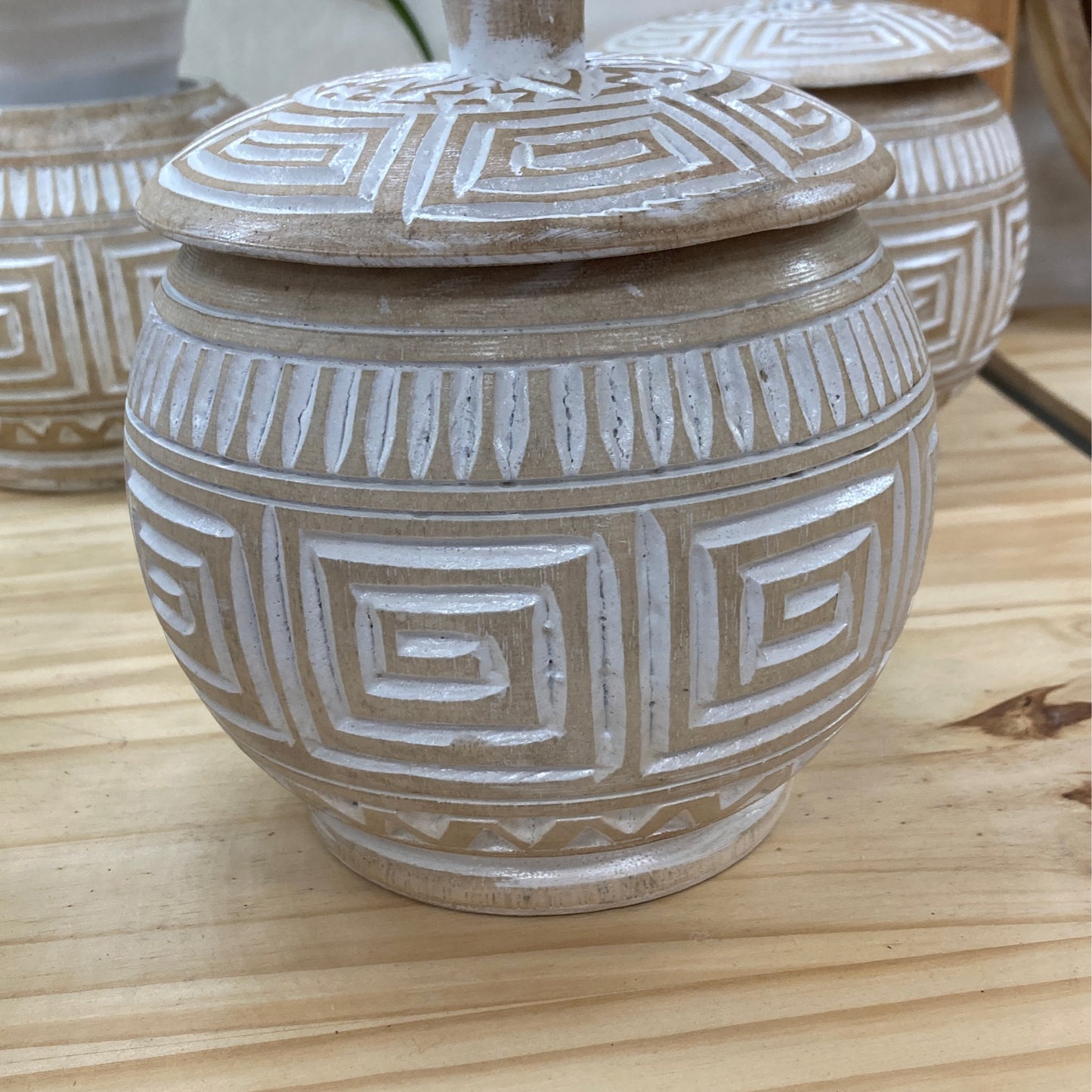 Hand-Carved Wooden Jar with Lid